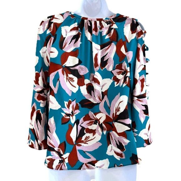 Jennifer Lopez Women's Turquoise Floral Bar Bell‎ Sleeve Peasant Top Sz M - Picture 3 of 9